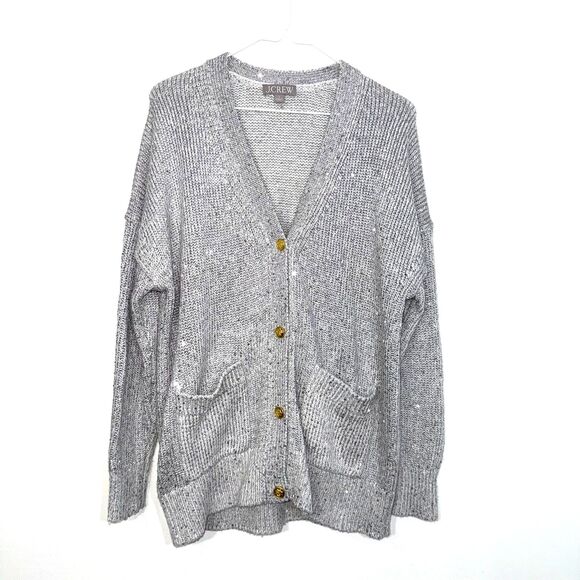 J. Crew Sequin V Neck Cardigan Sweater - Silver/Gray S - Picture 2 of 7